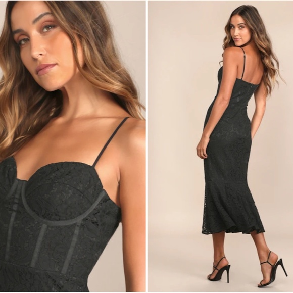 LULU's Floral Bustier Sexy Lace Hoco Wedding Chic Floral Mermaid Midi Dress - Picture 5 of 6